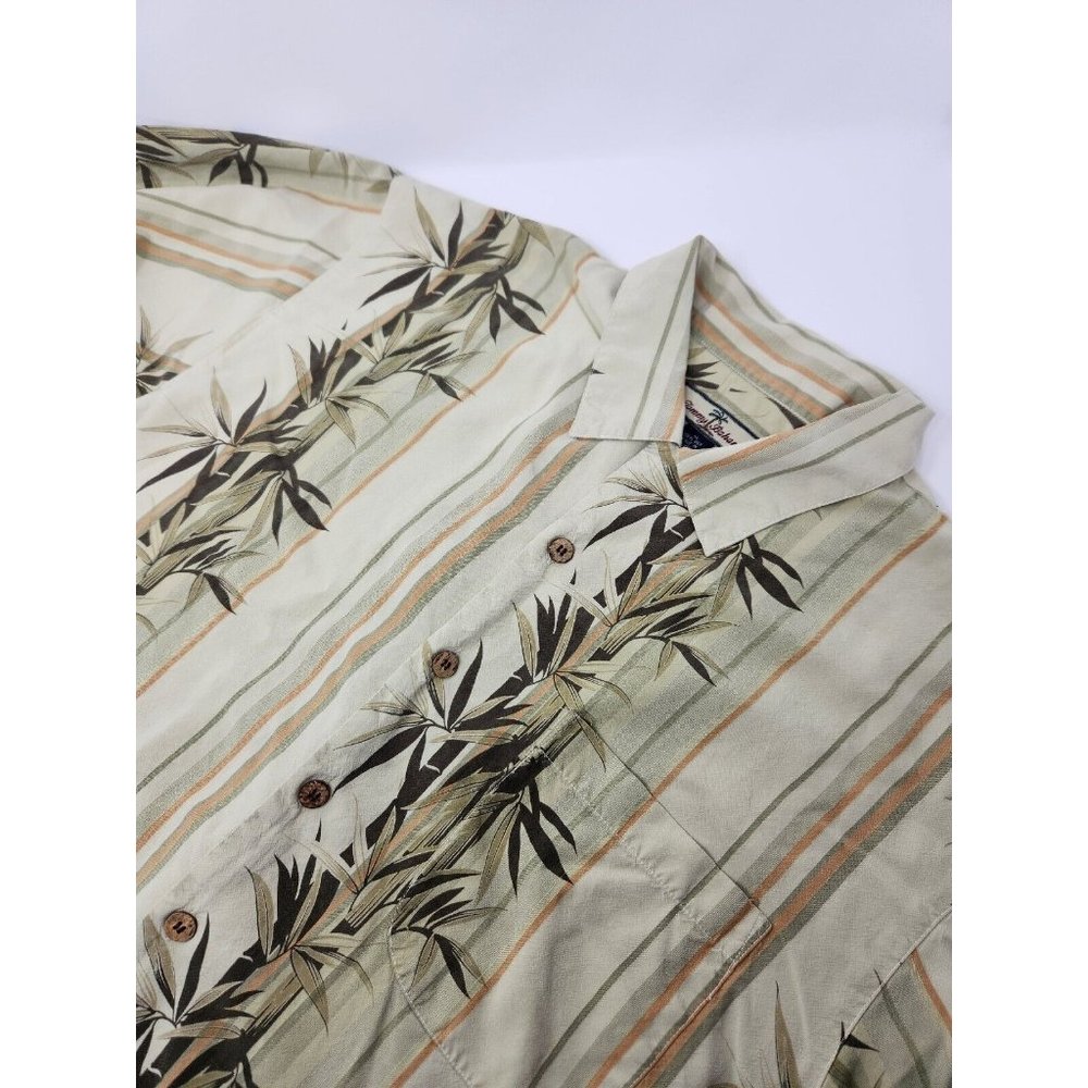 Tommy Bahama Beige Striped Tropical Floral Silk SS‎ Hawaiian Shirt Sz XL
